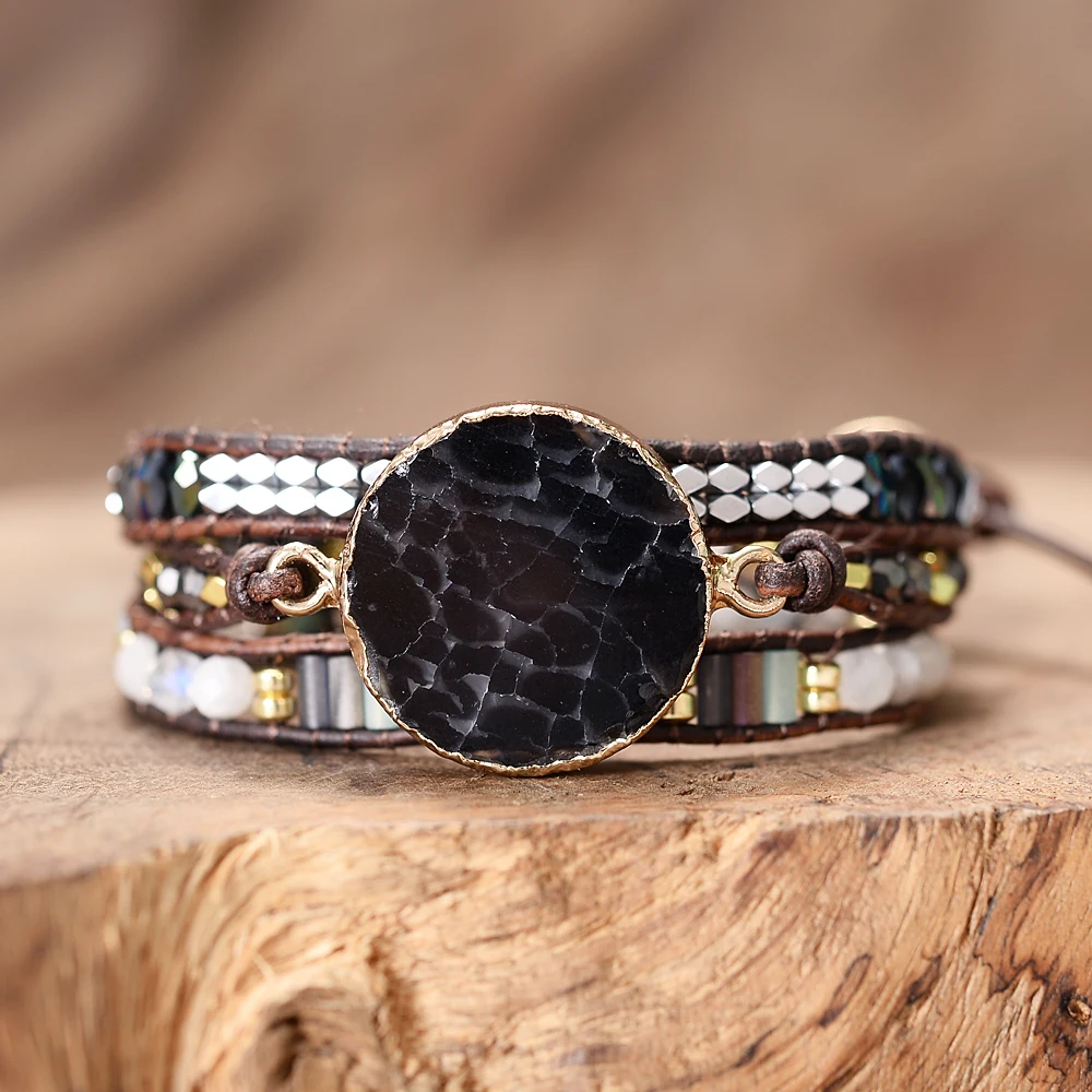 Черные энергетические камни ручной работы оберните браслеты с застежкой льва