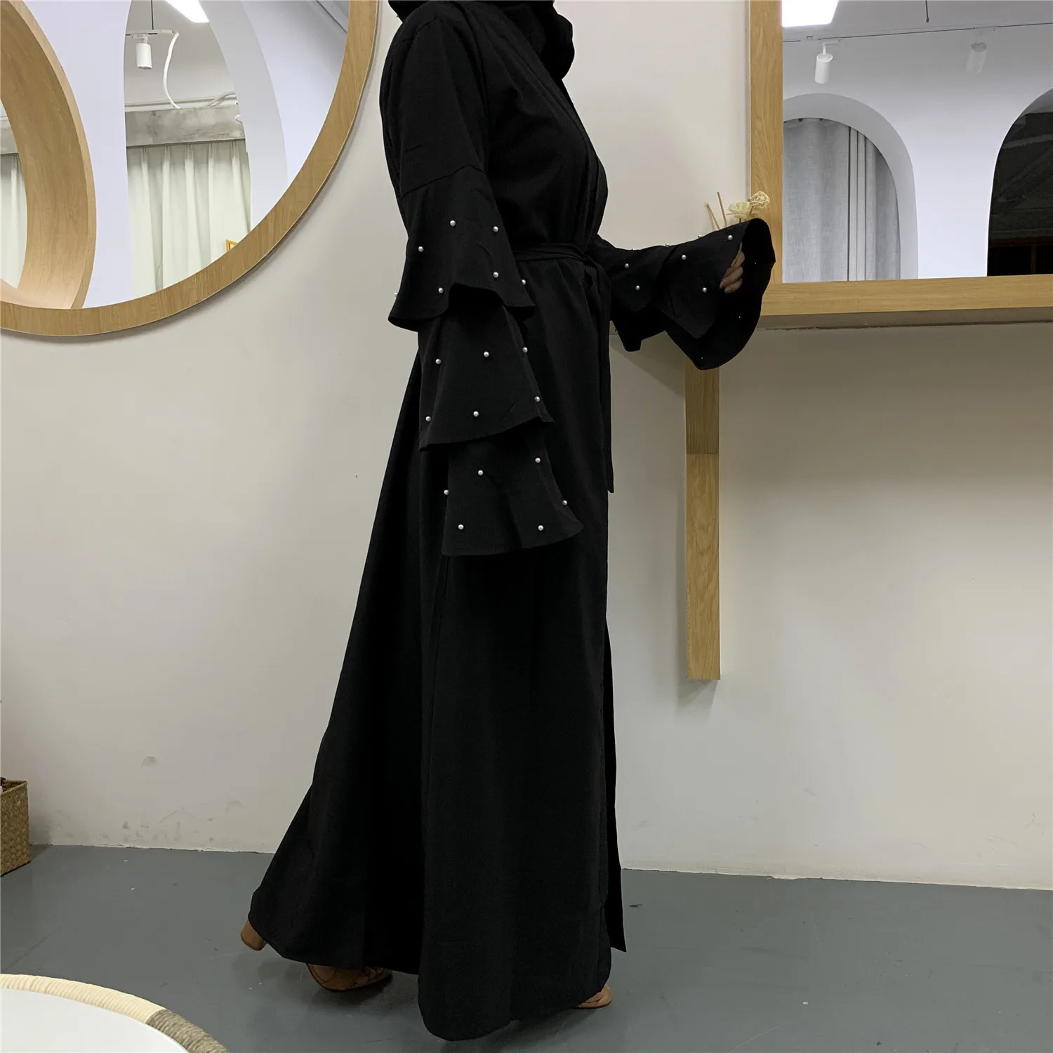 

Donsignet Muslim Dress Muslim Fashion Beads Multi-layered Trumpet Sleeves Belt Cardigan Robe Middle East Duabi Abaya Turkey Robe