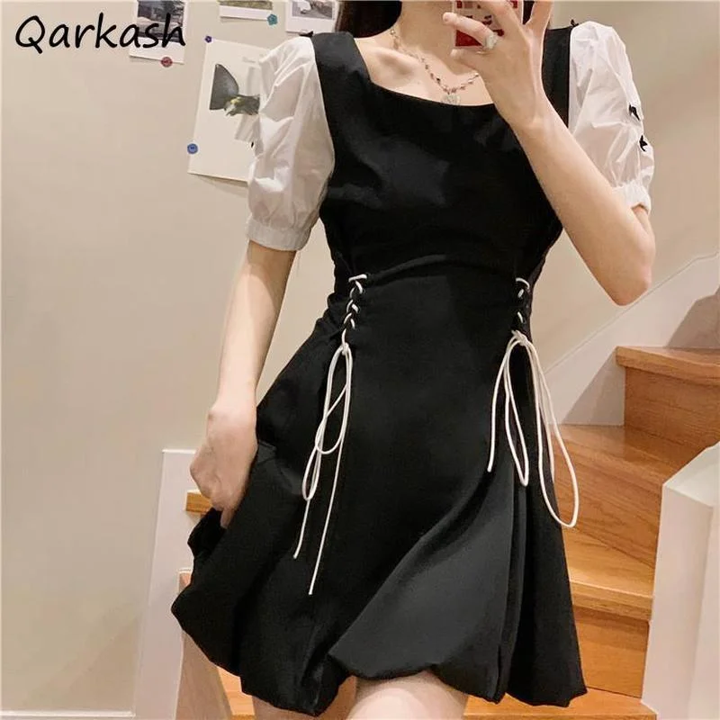 

Dresses Women Patchwork Female Summer Casual Bandage Elegant Ulzzang Retro Party Mini Slim Tunic Student High Street Minimalist