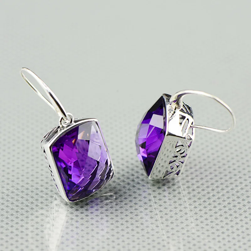 

925 Sterling Silver Amethyst Earrings Natural Stone Square Shape Faceted Drop Earrings For Women Christmas Jewelry Brinco