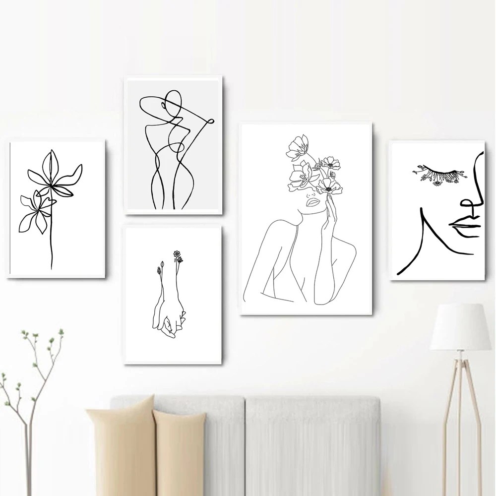 

Minimalist Lady Line for Girls Bedroom Home Decor Nordic Poster Prints Canvas Painting Wall Art Pictures Women Flower Leaf Hand