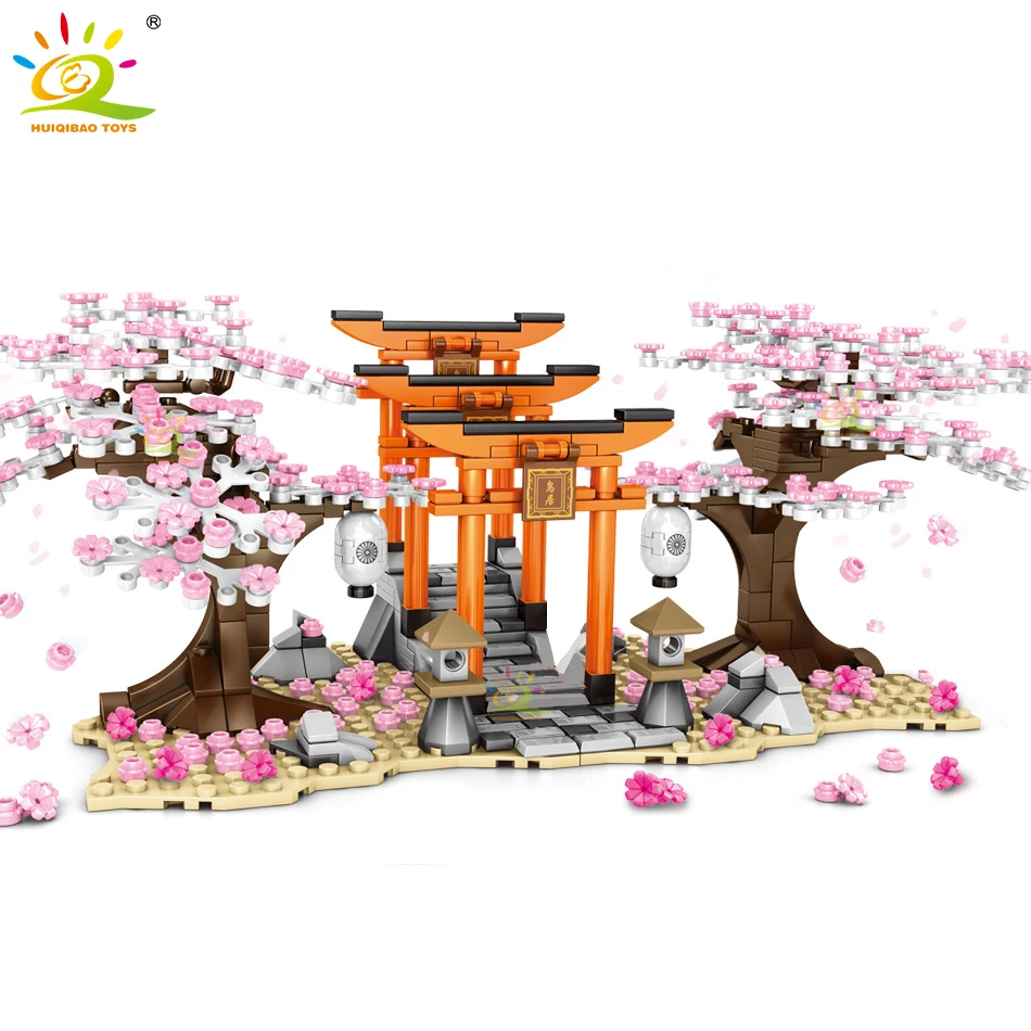 HUIQIBAO 647 шт Вишневый цветок фестиваль Shrine Torii улица вид город строительные блоки