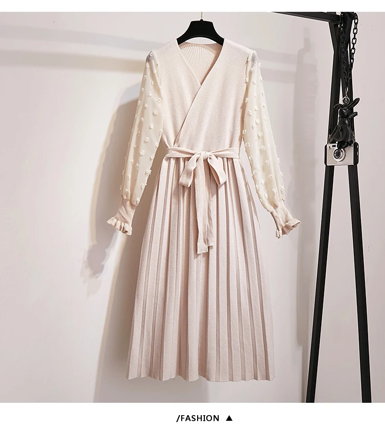 Willstage, L-4XL, плюс размер, трикотажное платье, шифон, рукав-фонарик, пэчворк, плиссированные платья, для женщин, талия, бант, на шнуровке, негабаритный