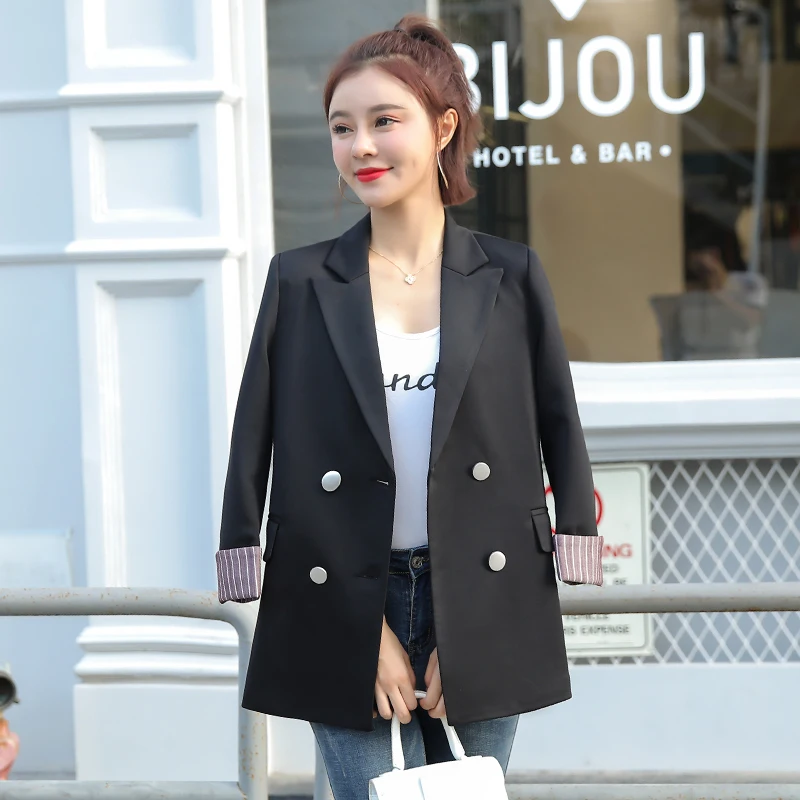 Средняя длина шикарный черный повседневный двубортный женский джокер большой