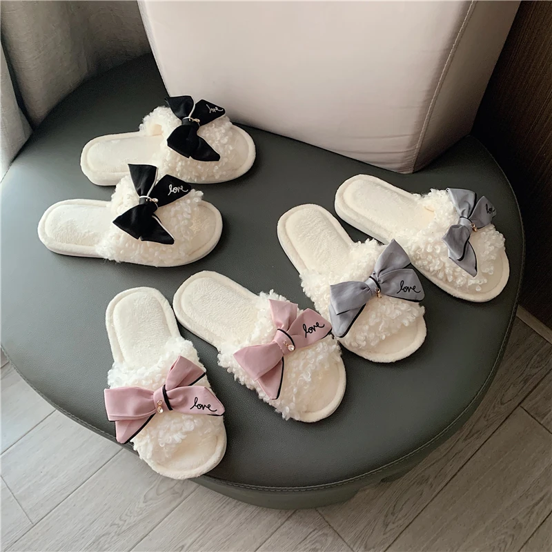 

Akexiya Woman Girls Indoor Shoes Slides For Women Soft Home Slippers Winter With Bow Plush Fluffy Slippers House Ladies Slipper