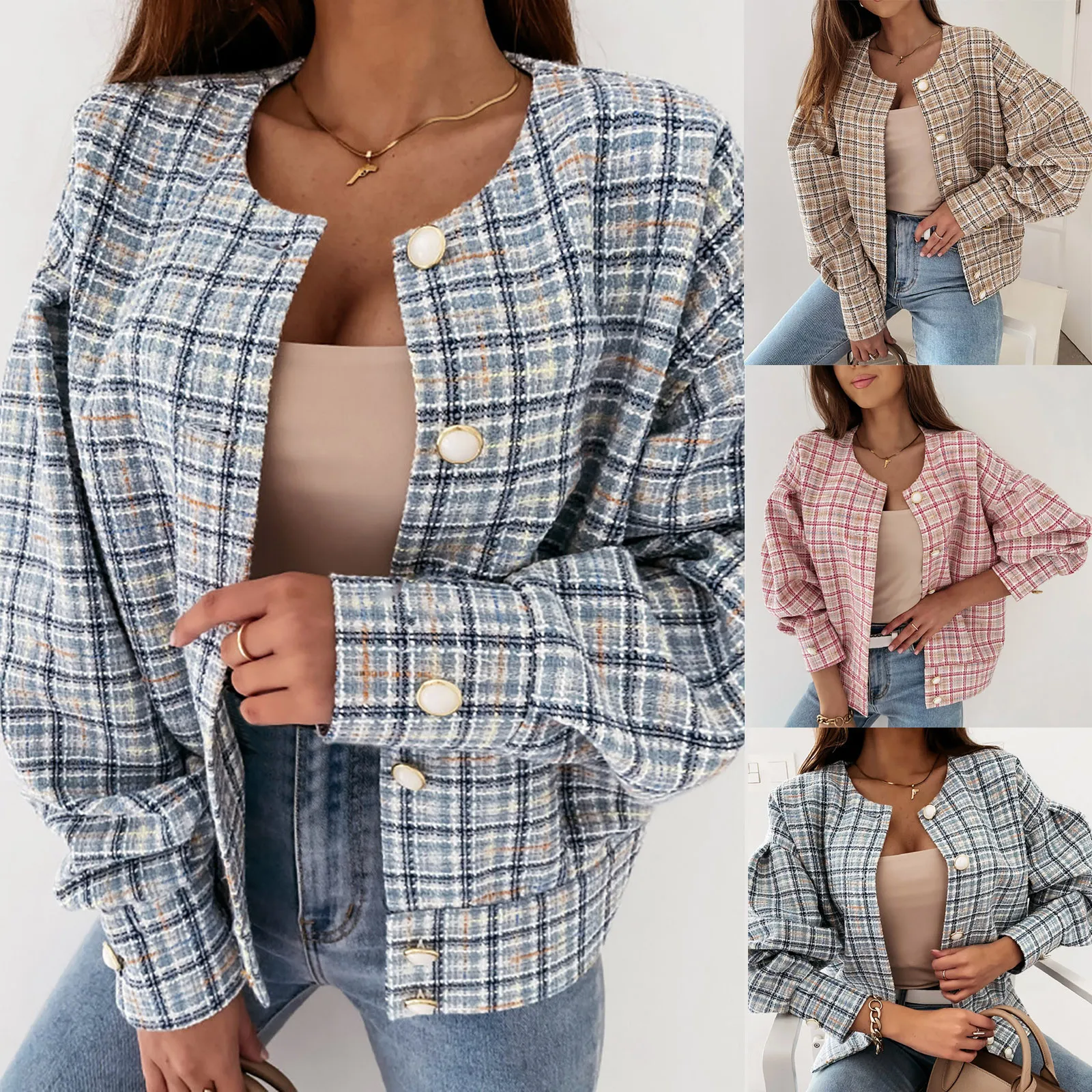 

Куртка женская клетчатая с длинным рукавом, Элегантный Модный Повседневный Кардиган с принтом, верхняя одежда, осень
