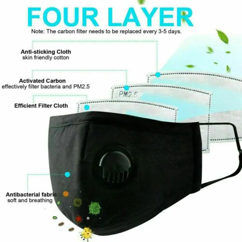 2 шт./3 шт./4 шт. Респиратор маска с дыхательным клапаном моющаяся хлопковая