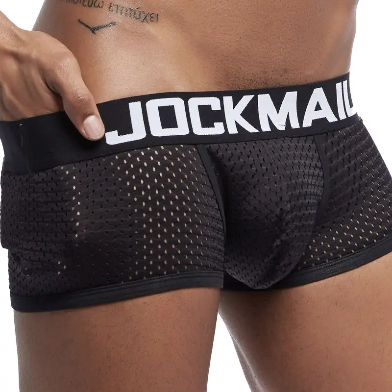 Бренд JOCKMAIL, мужские боксеры, хлопковое сексуальное мужское нижнее белье, боксеры с u-образной выпуклой сумкой, трусы с принтом листьев, Сетчатое дышащее нижнее белье для геев