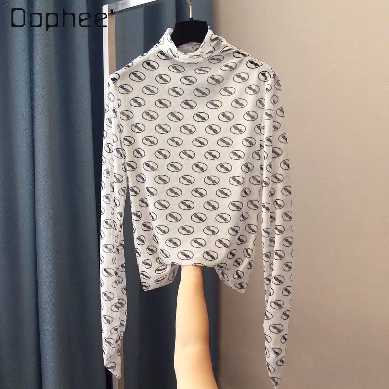 

2021 Spring New Turtleneck Pile Collar Full Body Pattern Printing Long Sleeve Mesh Bottoming Shirt T-shirt