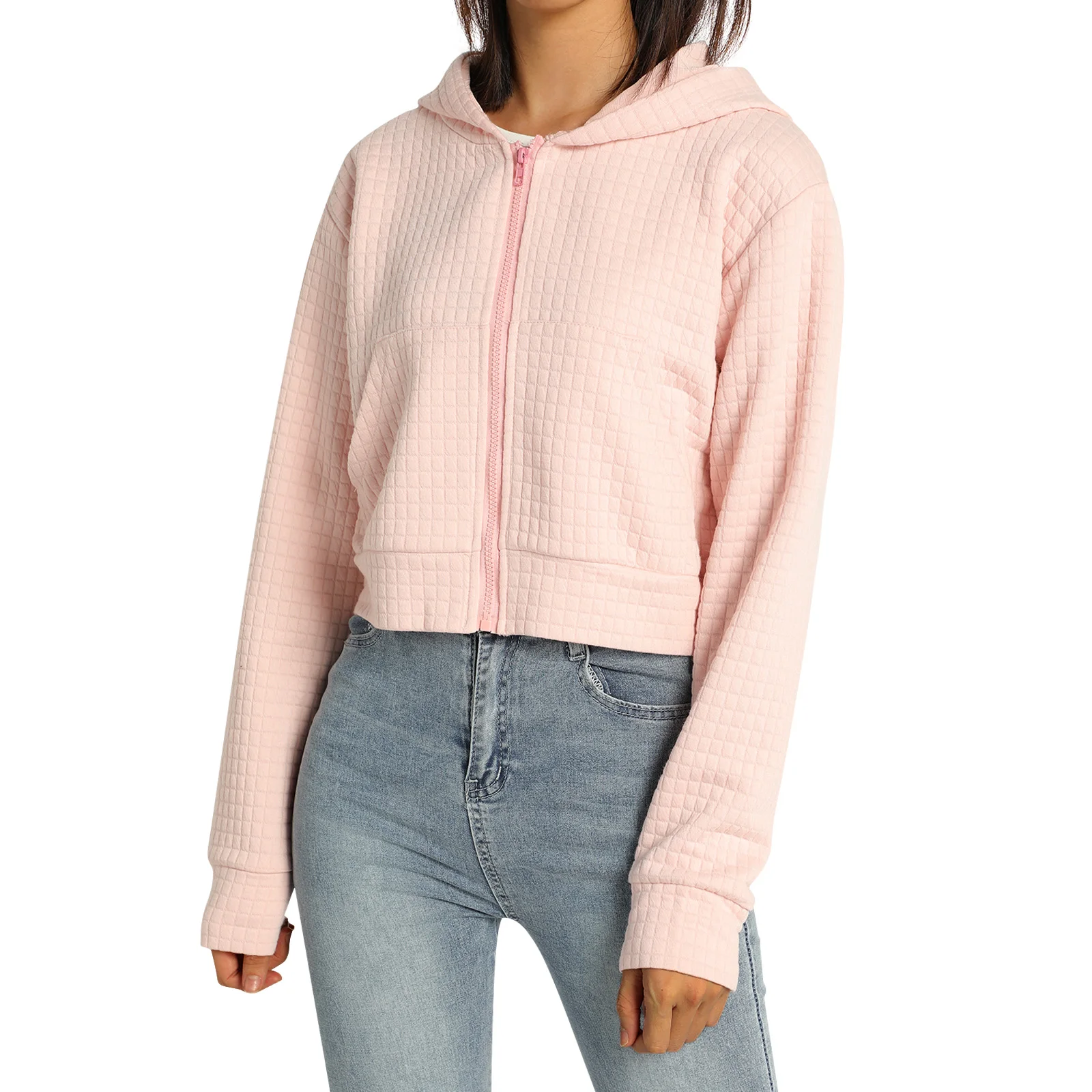 

2021 Women Autumn Hooded Coat Pale Pink Solid Color Jacket with Pockets Casual Ladies Zipper Jackets Spring Clothes