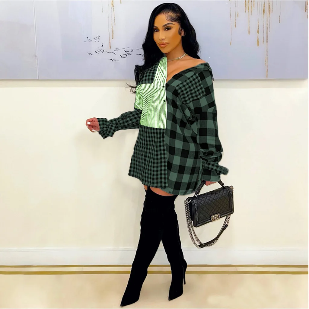 

Женское платье-рубашка в клетку, с длинным рукавом