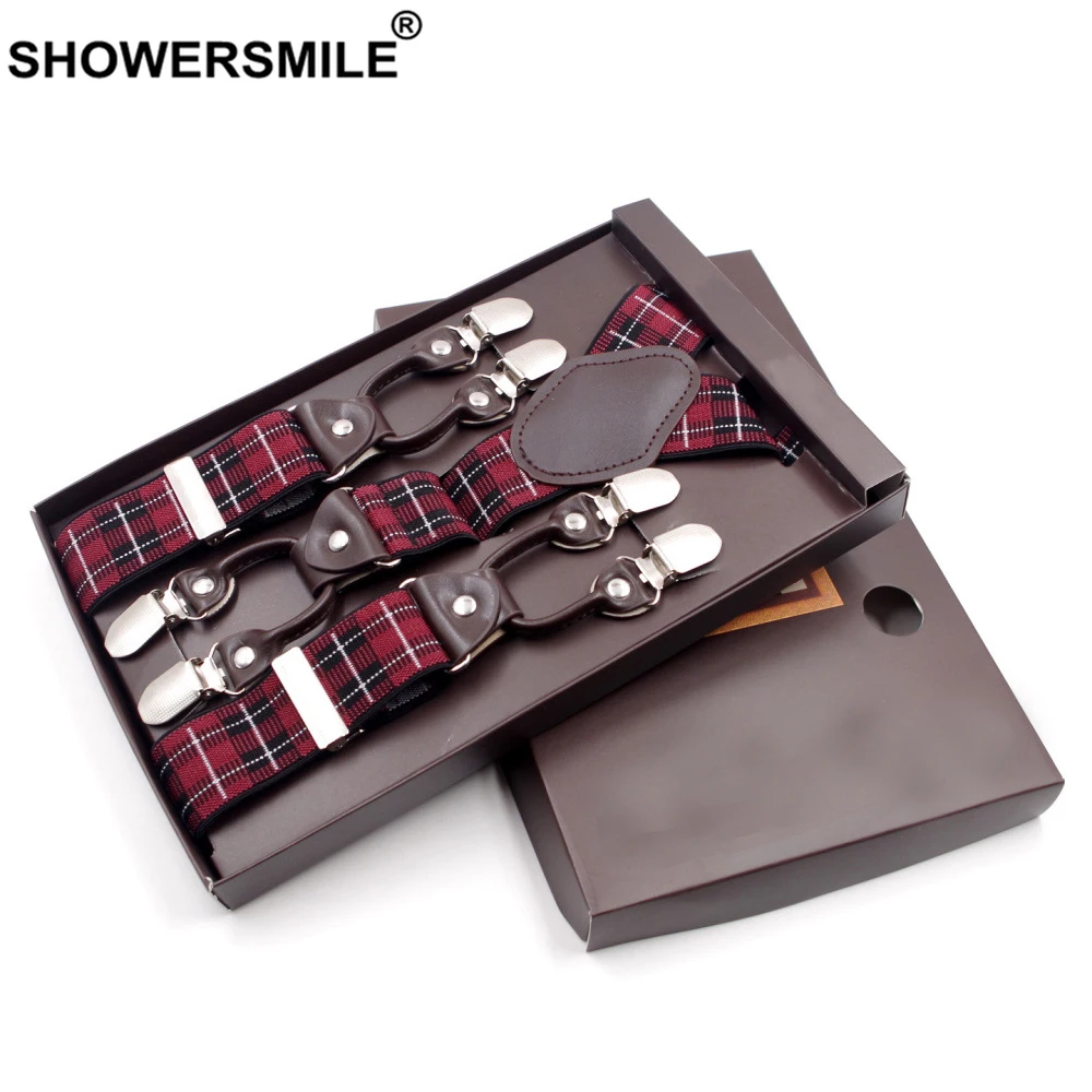 SHOWERSMILE мужские подтяжки для брюк в британском стиле красные подтяжки в клетку 6 Клипов жаккардовые деловые формальные эластичные кожаные мужские брюки
