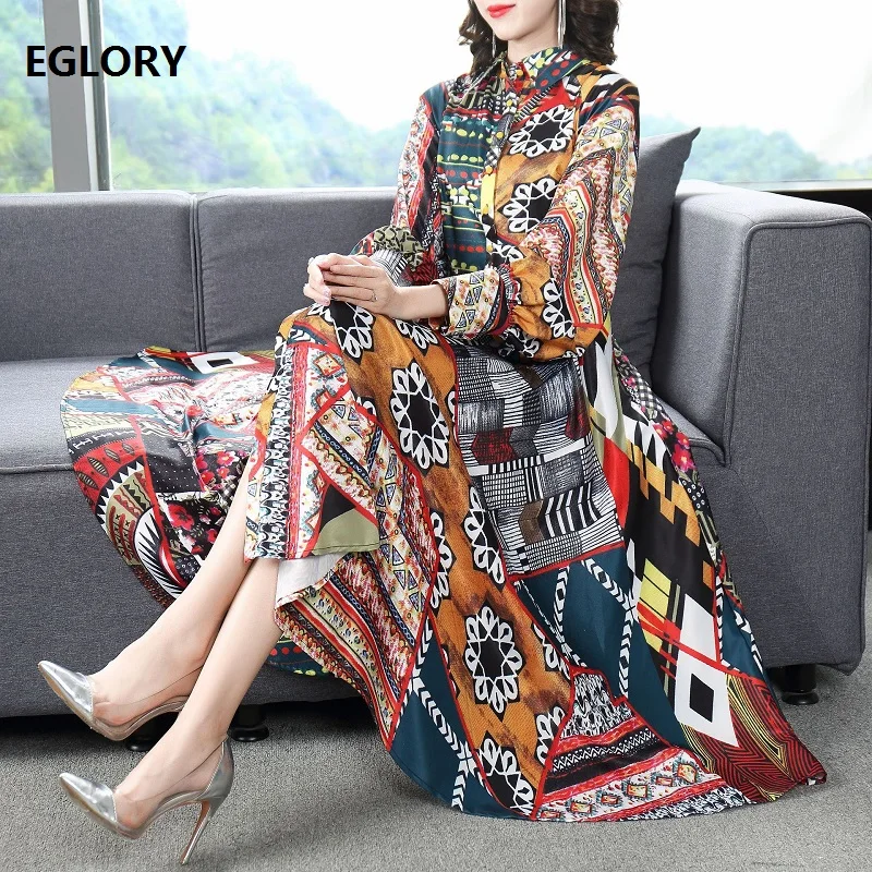 

Vintage Print Dress 2020 Autumn Winter Designer Clothing Women Turn-down Collar Buttons Front Long Sleeve Large Swing Dress