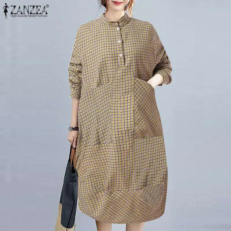 

Винтажное женское клетчатое свободное платье-багги, Осенний сарафан с длинным рукавом ZANZEA, повседневное ретро-платье оверсайз до середины ...