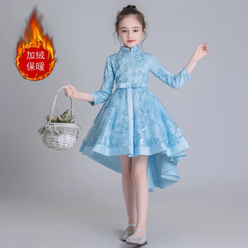 blue Plus velvet Осенняя одежда со шлейфом для выступлений платье принцессы для девочек детское платье Чонсам детское платье с рукавами - Цвет: blue Plus velvet