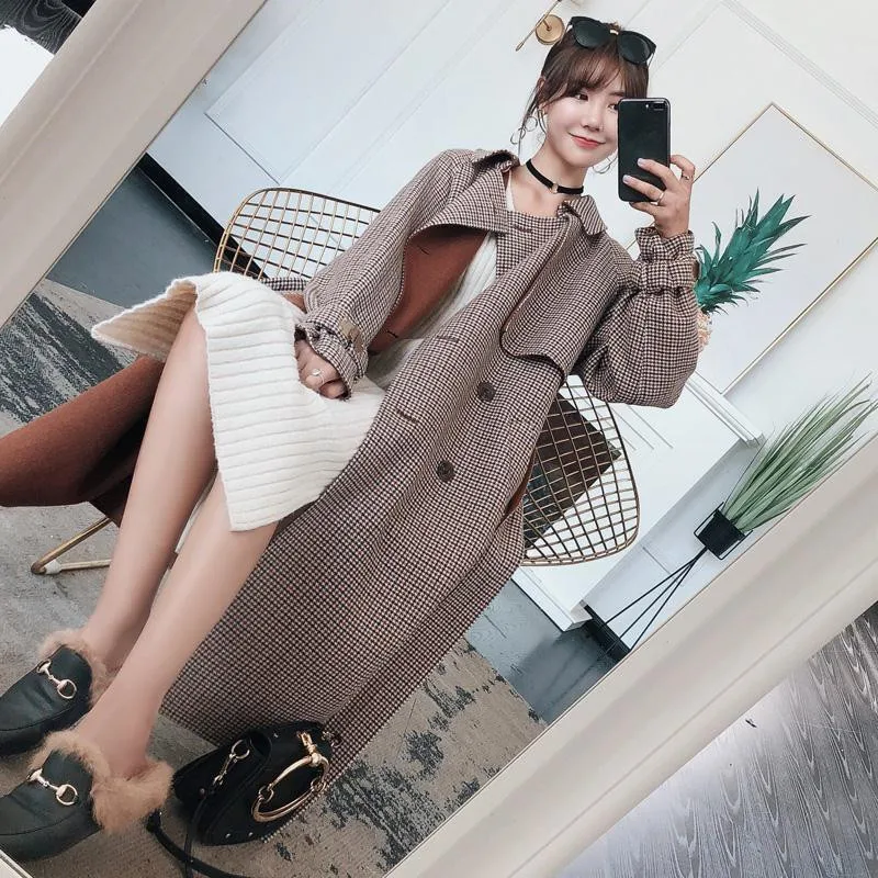 Женское шерстяное пальто в клетку повседневное Свободное длинное большого