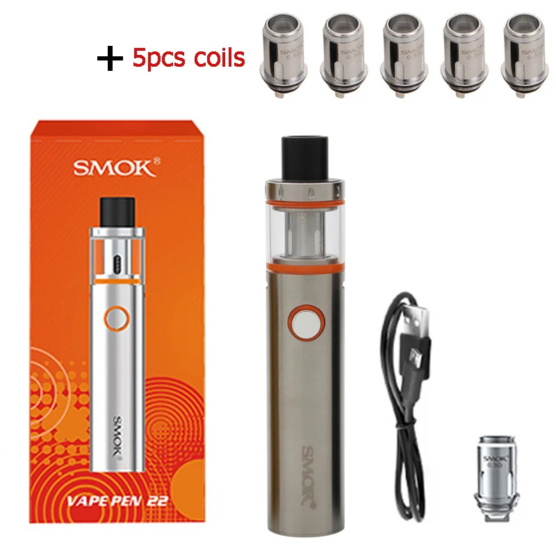 Smok Vape Pen 22 комплект со встроенным аккумулятором 1650 мАч Vape Pen 22 резервуар Ом двухъядерный светодиодный электронная сигарета испаритель - Цвет: Silver and 5 coils