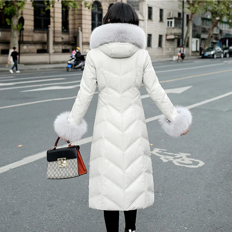 New Women Leather Down Jacket Autumn Winter 2022 Fashion Real Fox Fur Collar And Cuff Thick Warm Hooded Long Sheepskin Down Coat