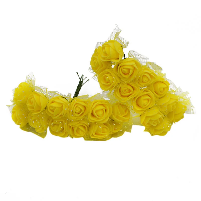 Silk yellow 72/144 шт 2 см мини ПЭ пена Роза ручной работы Искусственные цветы Домашнее свадебное украшение автомобиля DIY Скрапбукинг венок искусственный цветок - Цвет: Silk yellow