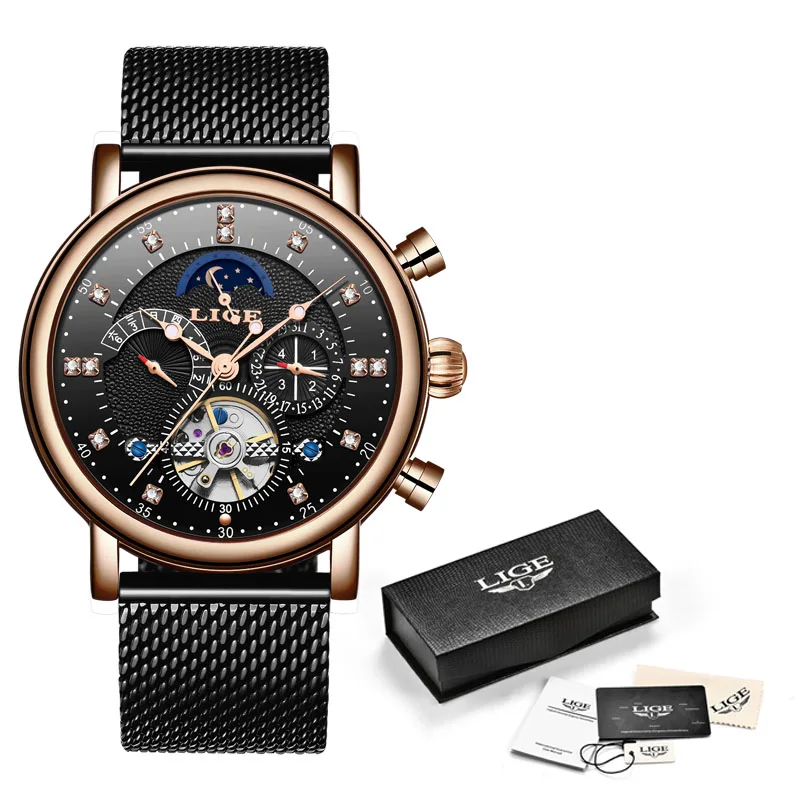 Бренд lige Tourbillon модные часы в деловом стиле автоматические механические часы мужские повседневные Водонепроницаемые кожаные часы Relogio Masculino - Цвет: 2