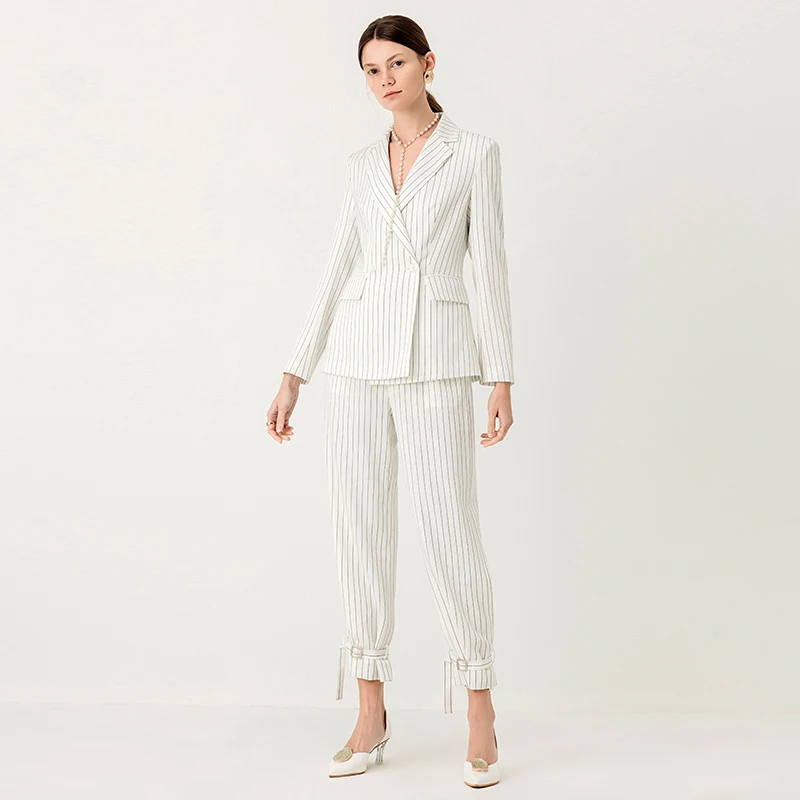 

Женские офисные костюмы YIGELILA, элегантные костюмы в полоску с отложным воротником на одной пуговице, с длинным рукавом, 91044 + 5933