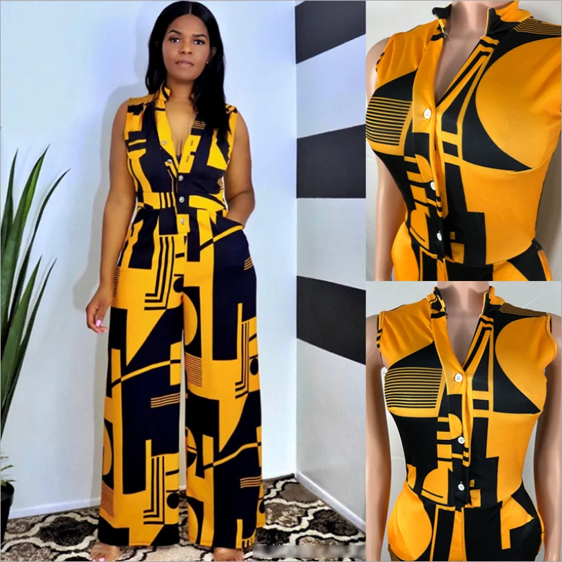 

Newest Women Irregular Printing Straight Jumpsuits 2021 Spring Lady's Casual Turn-down Collar Sleeveless Single-breasted Rompers