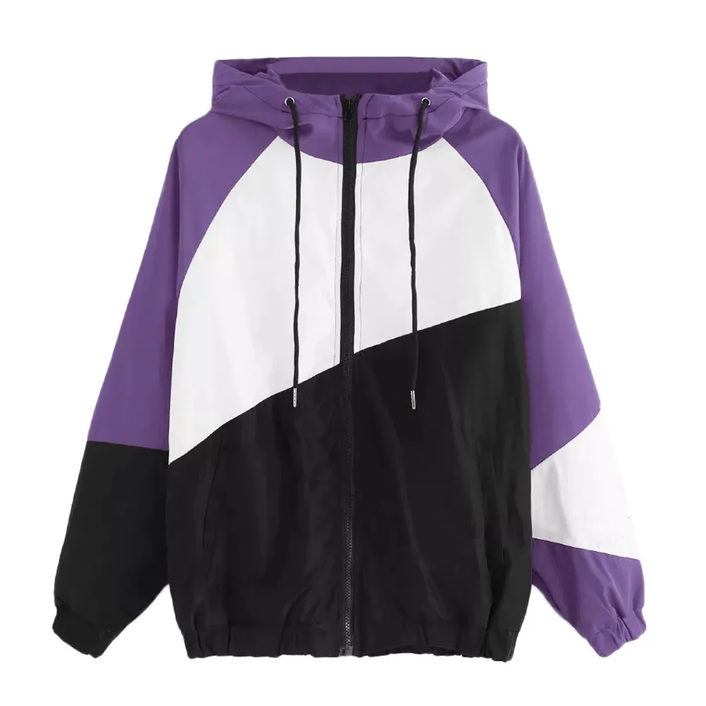 

Women Sport Patchwork Casual Sleeve Thin Zipper Long Hooded Skinsuits Coat Women's Coat Lightweight Coat