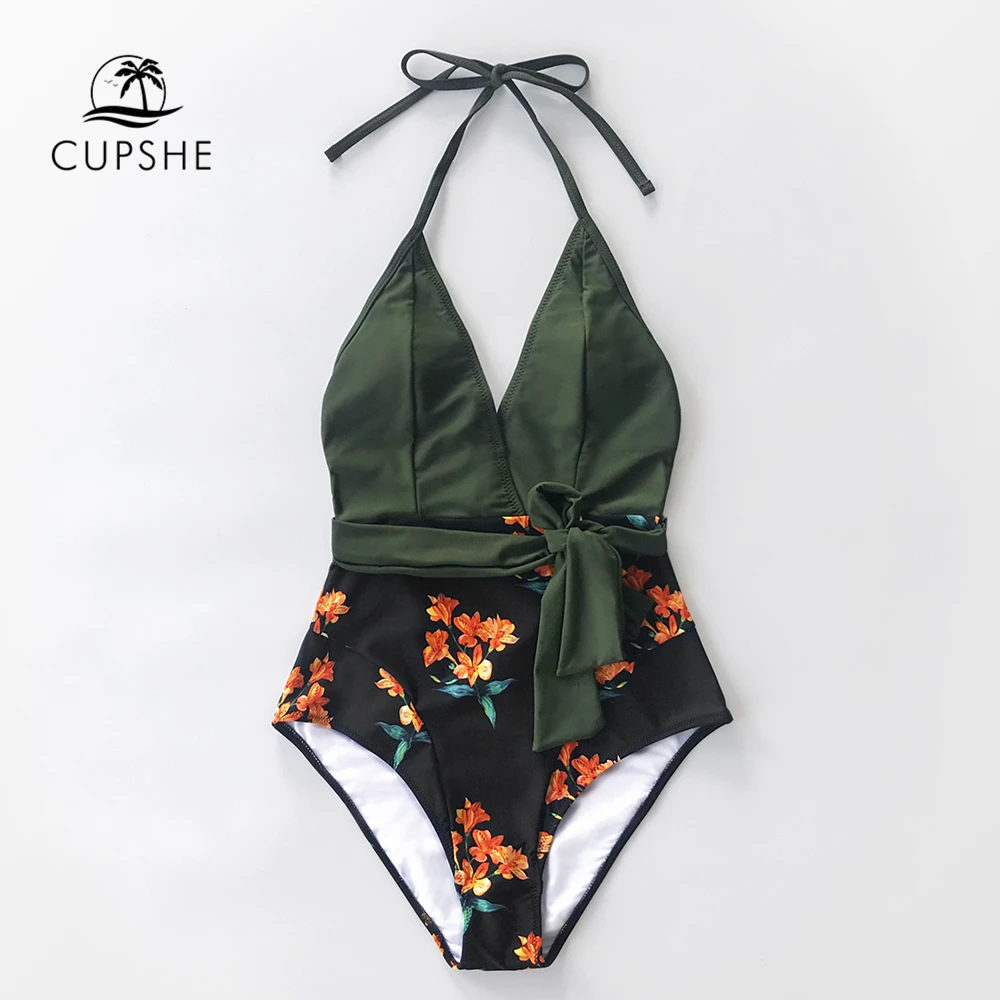 CUPSHE зеленый и черный Цветочный Холтер цельный купальник женский сексуальный v