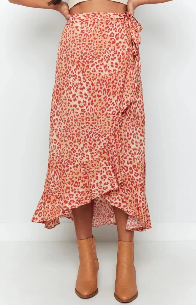 

Brand New Vintage Leopard Print Skirt Women High Waist Wrap Bandage Long Skirts Summer Asymmetrical Ruffles Pleated Skirt