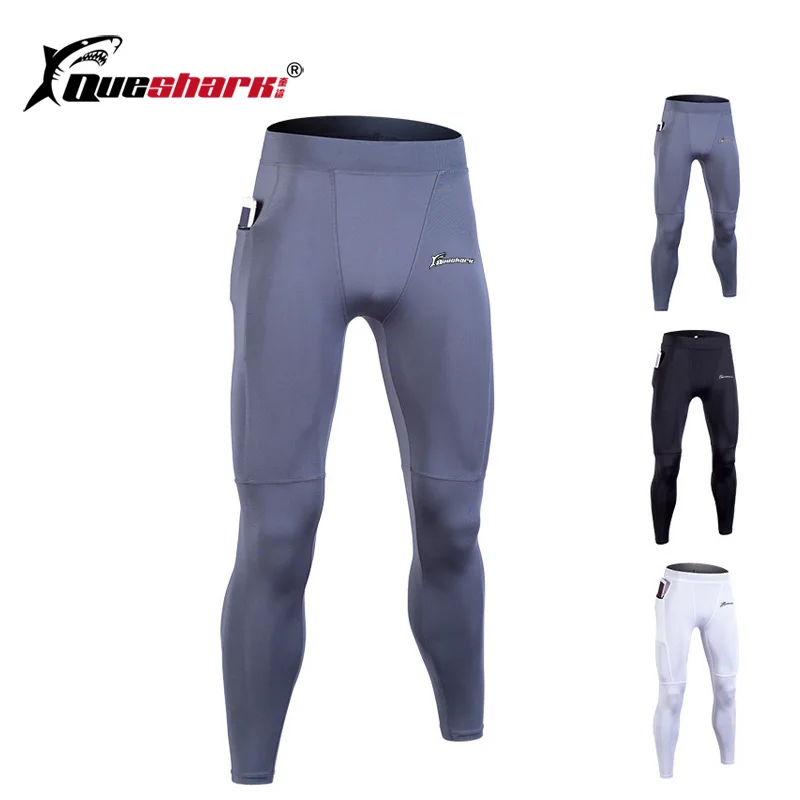 

QUESHARK Men Long Sleeve Running Pants Sports Fitness Leggings Workout Bodybuilding Training Tight Pants with Zipper Pocket