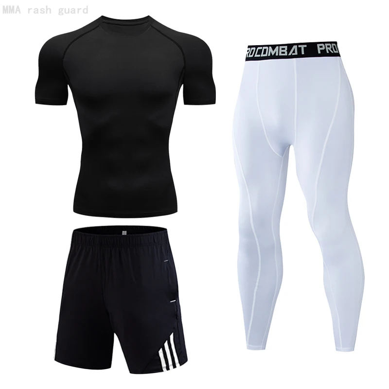 

Workout T-shirt Leggings Running Suit Men's Summer Gym Clothing Quick Dry Short Sleeve T-shirt Compression Tights Sportswear Men