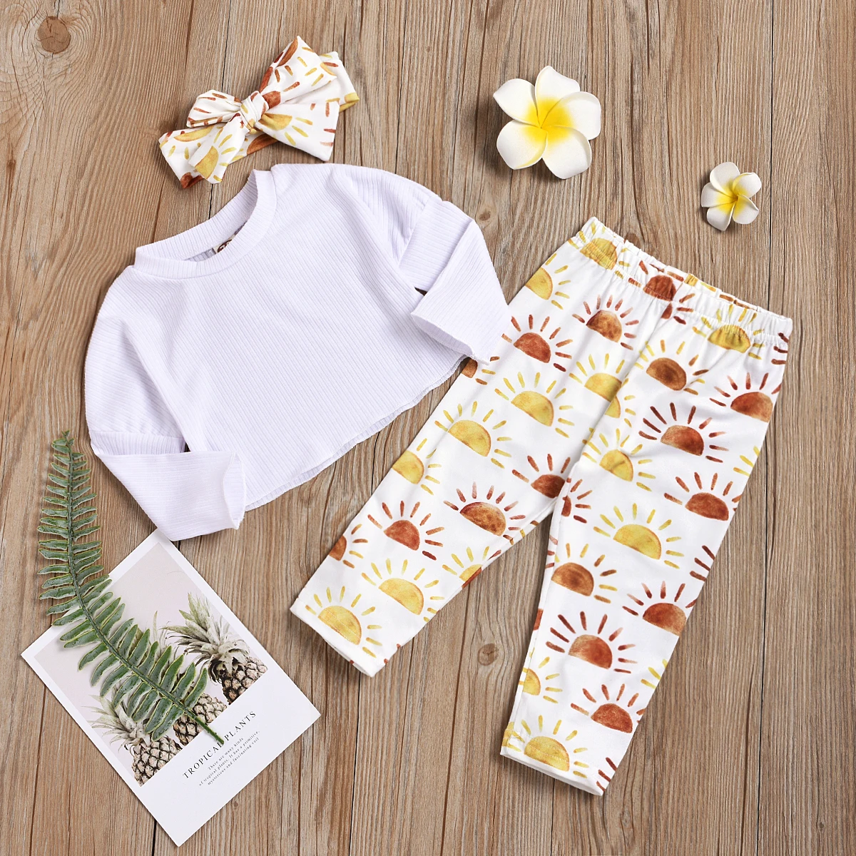 

Emmababy Newborn Baby Girl Clothes Solid Color Long Sleeve Simple T-shirt Tops Printed Long Pants Printed Hair Band 3Pcs Fashion