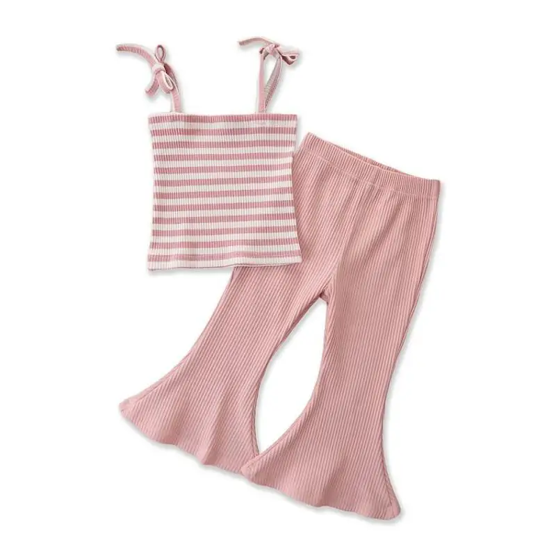 

Летняя одежда для девочек, комплект из 2 предметов, полосатая кофта + розовые расклешенные брюки, одежда для маленьких девочек, эксклюзивные ...