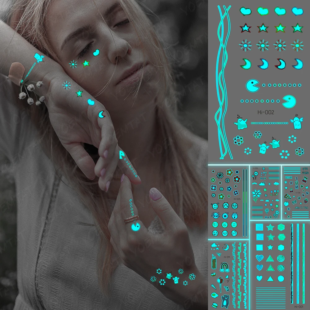 

Синие, зеленые линии, символы, Светящиеся Татуировки, цветок, луна, сердце, водонепроницаемые Временные татуировки, наклейки для мужчин и же...