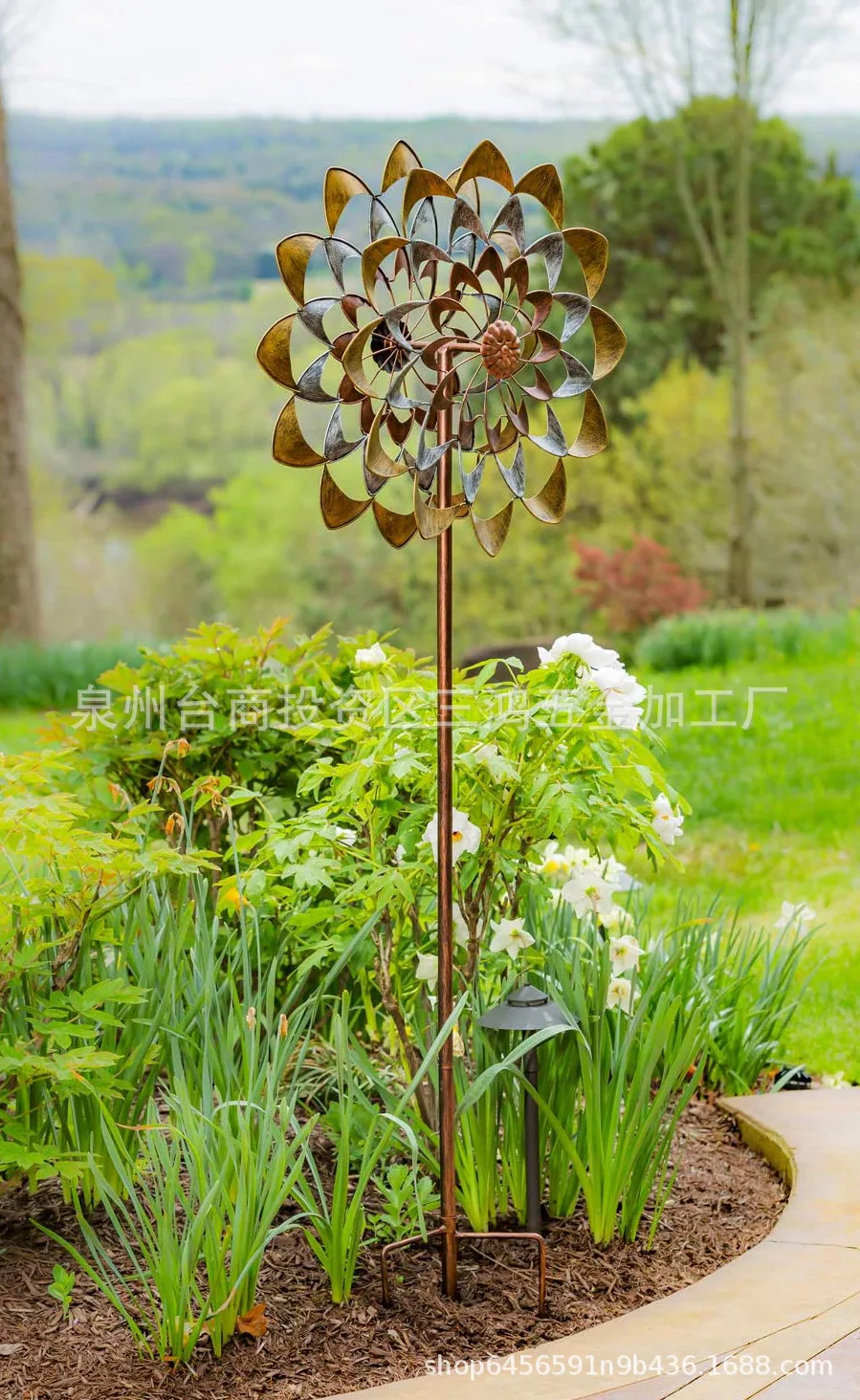 

Outdoor wrought iron windmill three-dimensional three-layer flowers garden decoration windmill iron wind turbine
