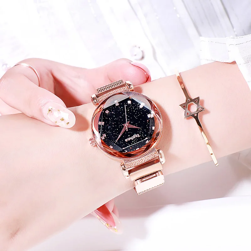 Модные часы Sky Женские Простые кварцевые с браслетом новые сетчатые магнитные