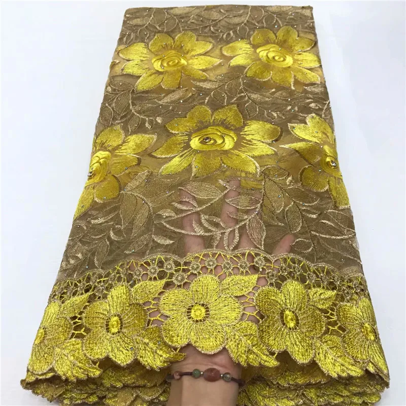 Новинка желтая африканская кружевная ткань с большими камнями вышитая