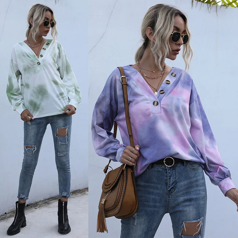 

NANCY TINO Women's New Fashion V-neck Tie-dye Gradient Button Spring and Autumn Cotton Long-sleeved T-shirt