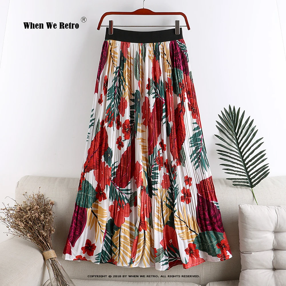 

2021 Holiday Beach Boho Long Maxi Skirt VD1823 High Waist Women Summer Floral Print Chiffon Pleated Midi Skirt