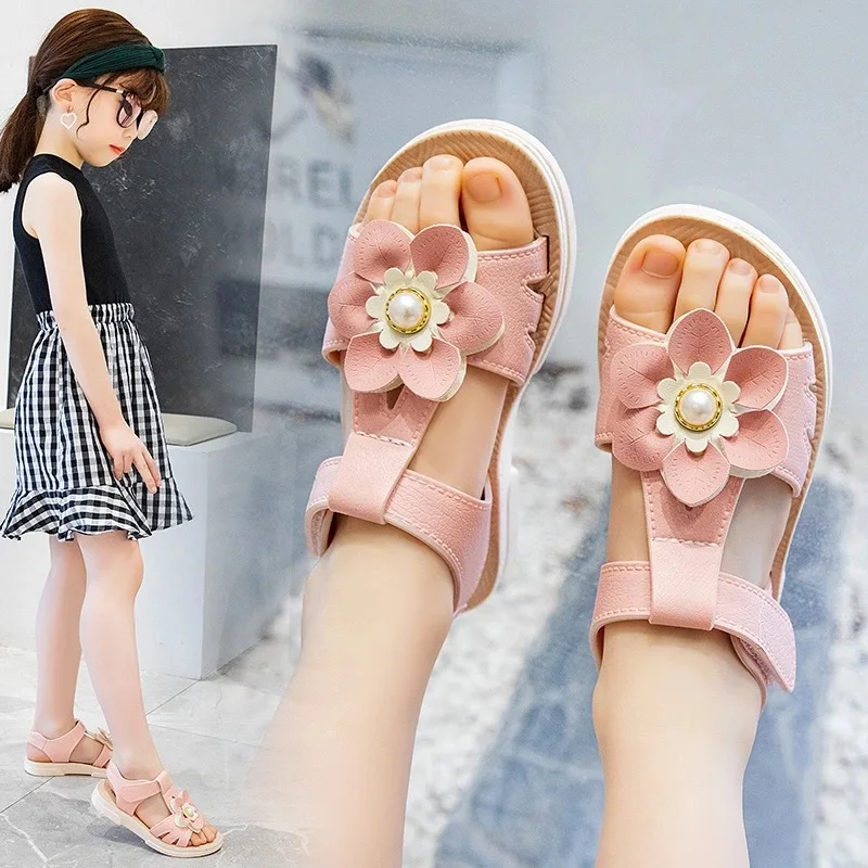 

Girls Sandals 2021 Summer New Princess Beach Shoes Non-slip Soft Sole Open-toe Children Sandals Kids Flowers Flat Casual Sandals