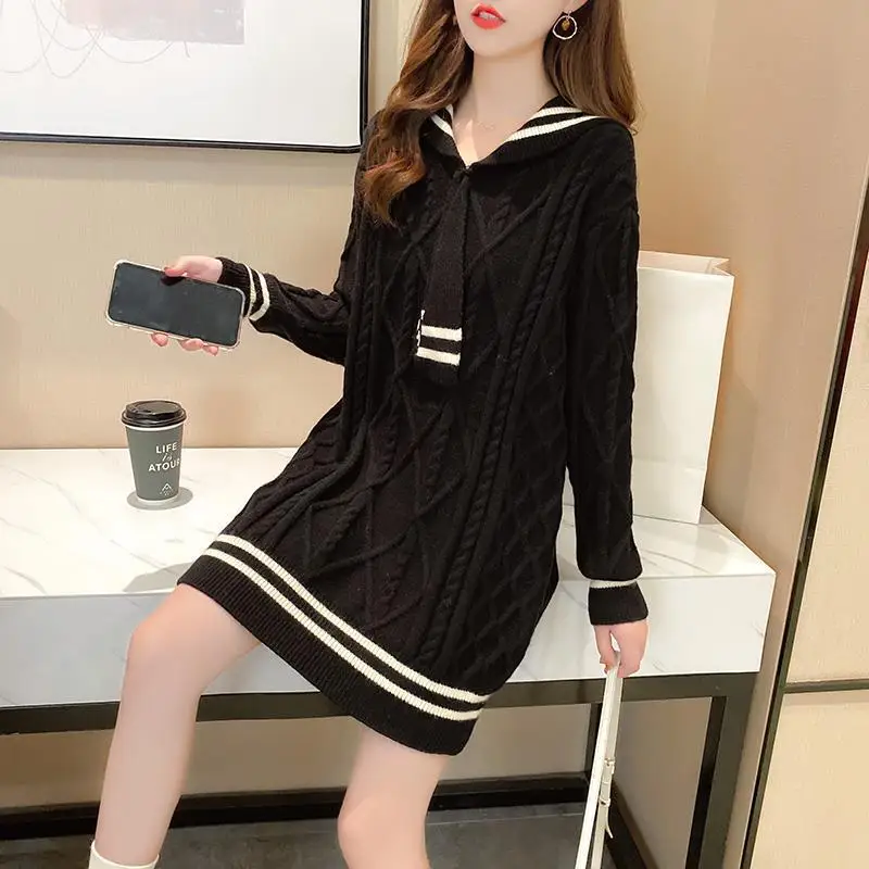 

Mid-length sweater skirt women's new academic style sweater loose long sleeve pullover jacket stripe for autumn and winter 2020