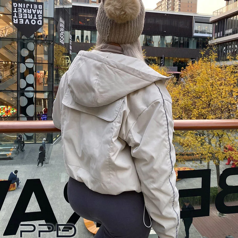 Street Big Pocket Tooling Reflective Strip Short Drawstring Wear Cotton Jacket Coat | Женская одежда