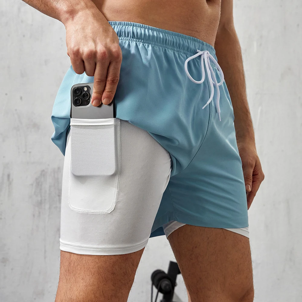 

Спортивные беговые шорты для бега, мужские шорты 2 в 1, облегающие дышащие тренировки в тренажерном зале, фитнес, пляжные спортивные трениров...