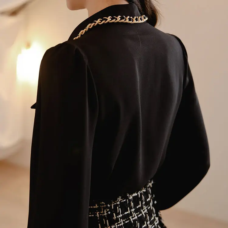 

Black Business Chiffon Blouse Women 's 2021 New Spring And Autumn Long Sleeve Square-Neck Slim Top