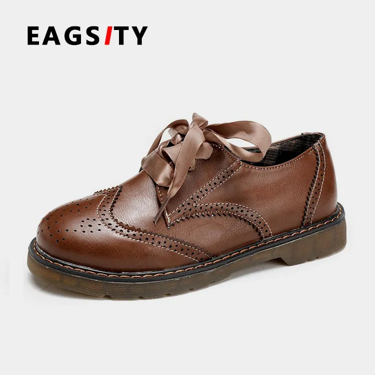 EAGSITY/оксфорды; женская повседневная обувь; Рабочая обувь на шнуровке с круглым носком; Уличная обувь; женская обувь с перфорацией типа «броги»