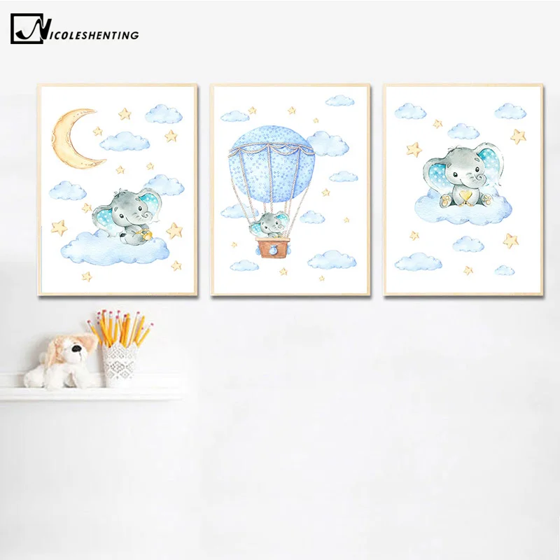 Настенная картина для детской комнаты постер с акварелью слоном и мультяшными