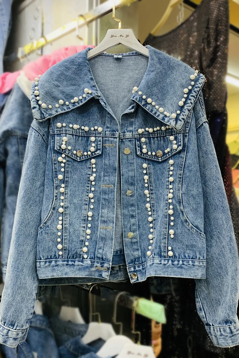 

2021 Fall Fashion Clothing Beads Large Lapel Single-Breasted Jean Jacket Women Denim Jackets Student Long Sleeve Casual Coats