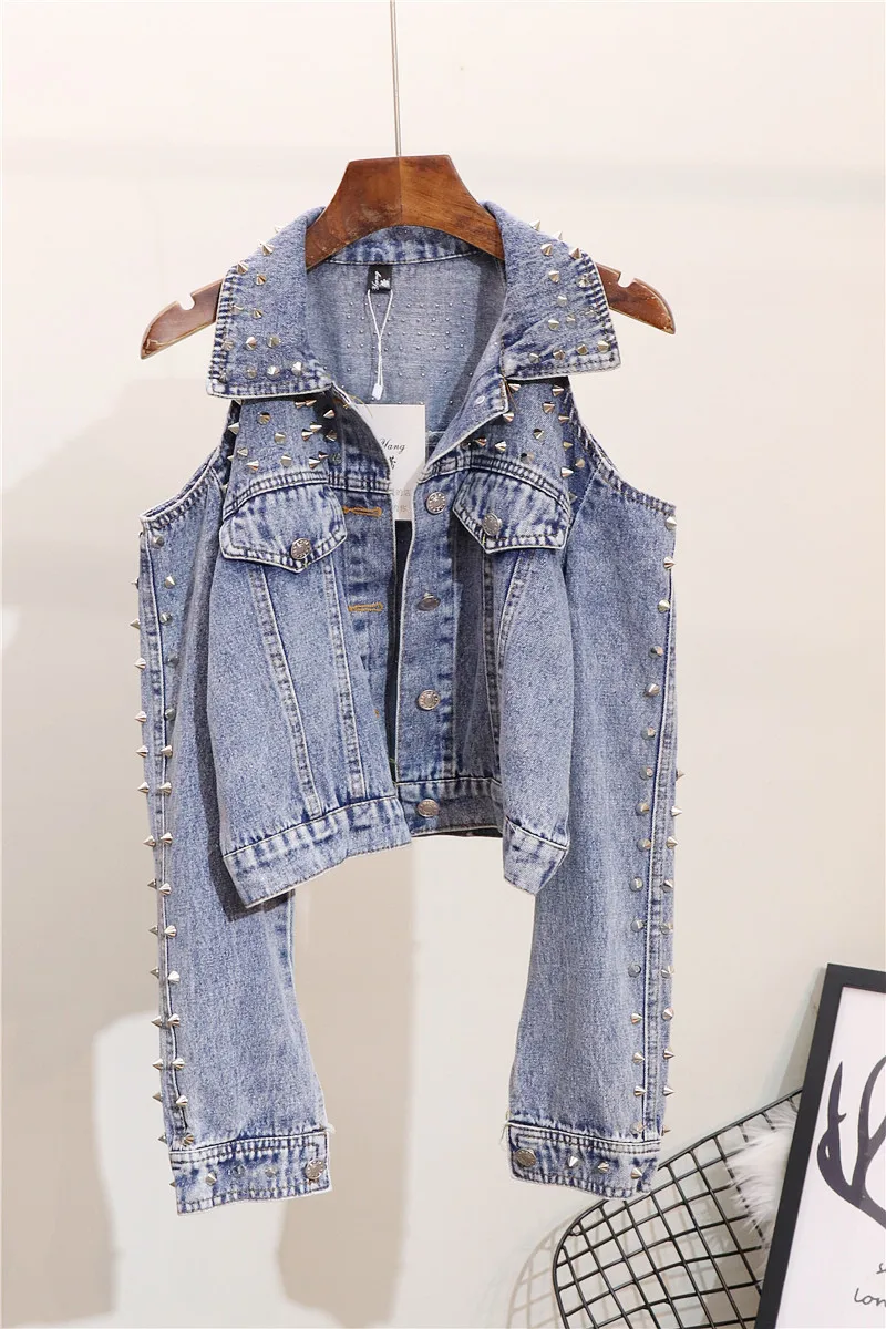

2020 Sale Jacket Bomber Casaco Jaqueta Feminina Jeans Women Street Clothing Punk Studded Strapless Sexy Long-sleeved Female