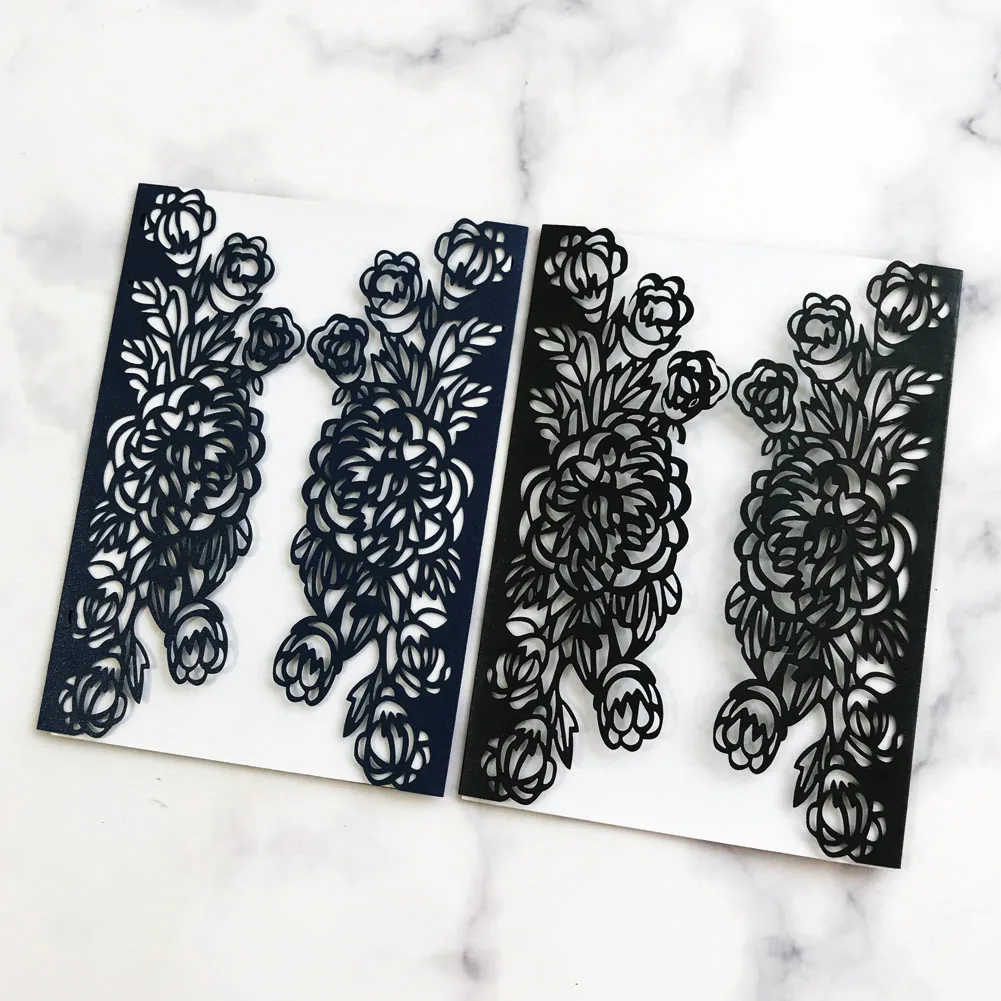

50pcs/lot Black Rose Design Wedding Invitation Card Greeting Card Hollow Laser Cut Pearl Paper Festival Anniversary Card