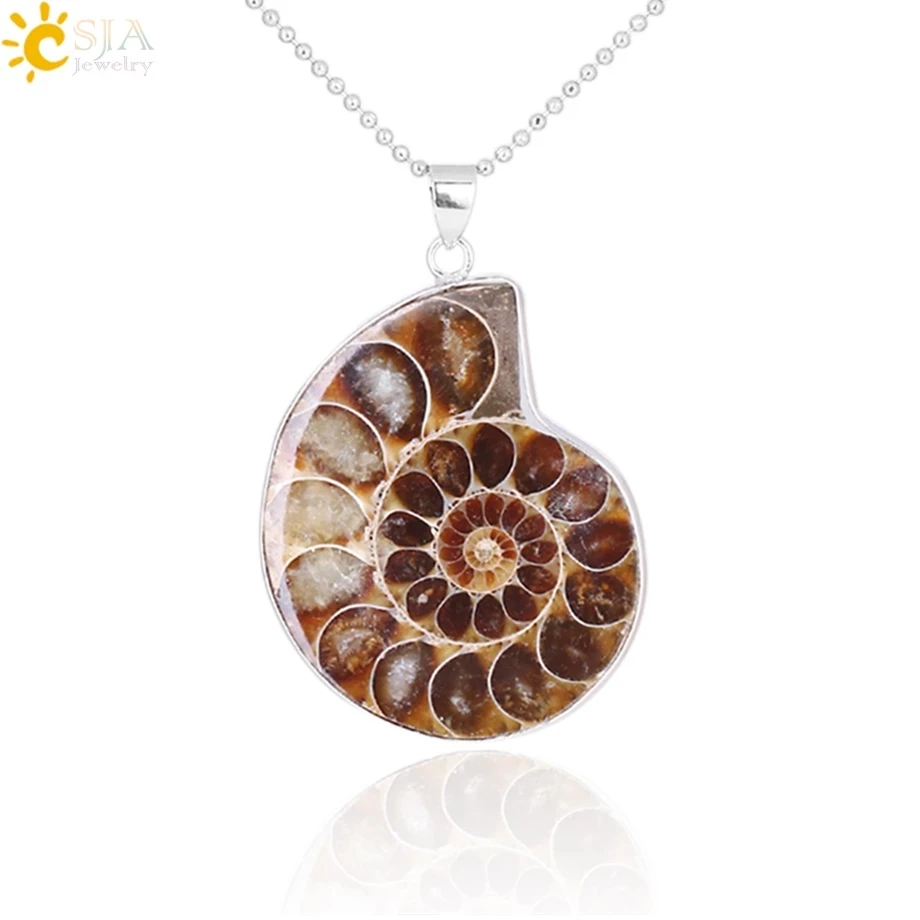 CSJA Natural Stones Pendants Ammonite Seashell Snail  Ocean Reliquiae Conch Animal Necklace Statement Men Jewellery E252